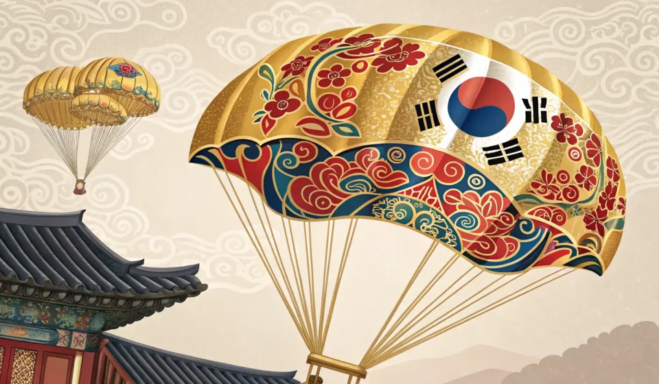 How to Say Golden Parachute in Korean Stylized golden parachute featuring Korean traditional patterns floating above a blurred Seoul skyli...