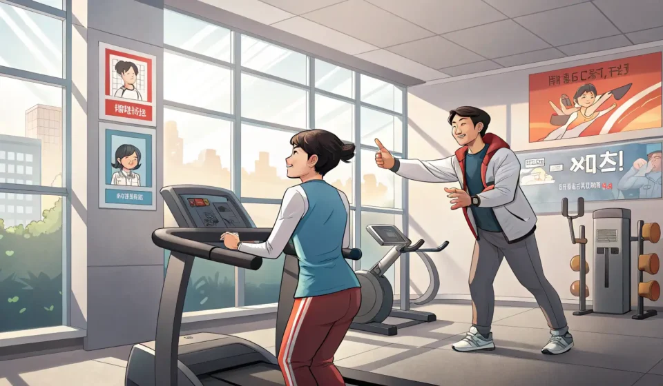 How to Ask About Using Gym Equipment in Korean A person asking a trainer how to use equipment in a modern Korean gym, illustrating learning Korean...