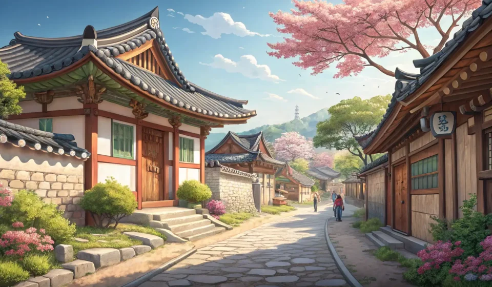 Exploring a Korean Hanok Village A charming street view of a traditional Korean Hanok Village with distinctive tiled roofs, represent...