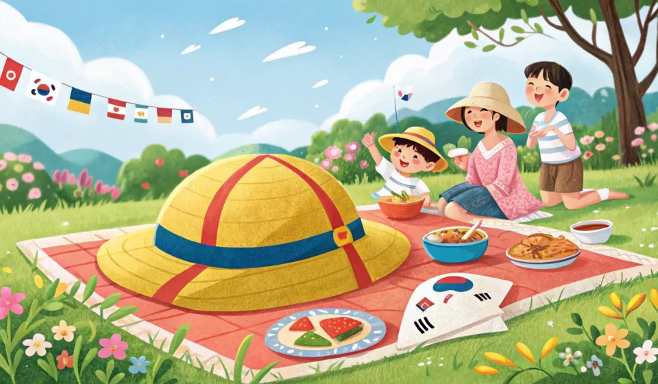 Negotiating with Kids: Wearing a Hat in Korean A child's colorful sun hat sits on a picnic blanket with kimbap under bright sunshine, symbolizing l...