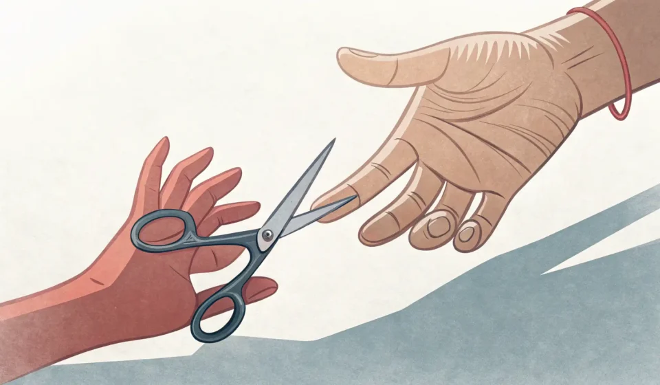 Sibling Headphone Negotiation in Korean Illustration showing two different-sized hands reaching for one pair of headphones on a table, repre...