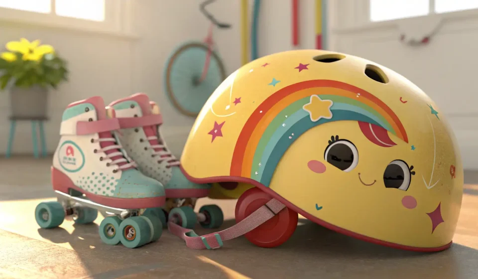 How to Negotiate Wearing a Helmet in Korean Child's helmet and skates on pavement, representing the Korean learning topic of discussing safety r...