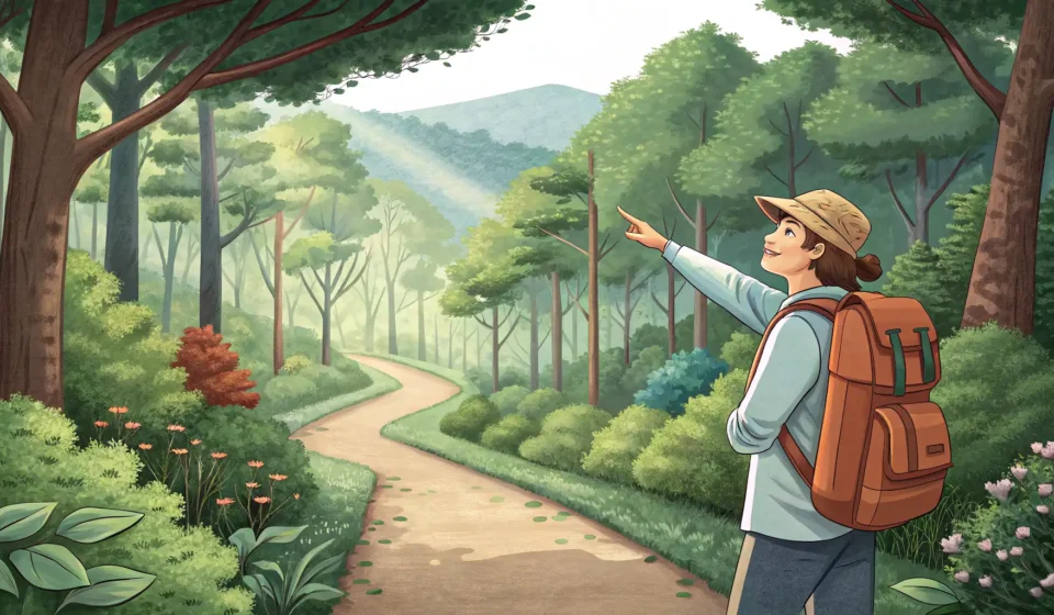Asking About Hidden Trails with Forest Views in Korean A tourist asking a local Korean for directions to a hidden forest trail amidst beautiful Korean scen...