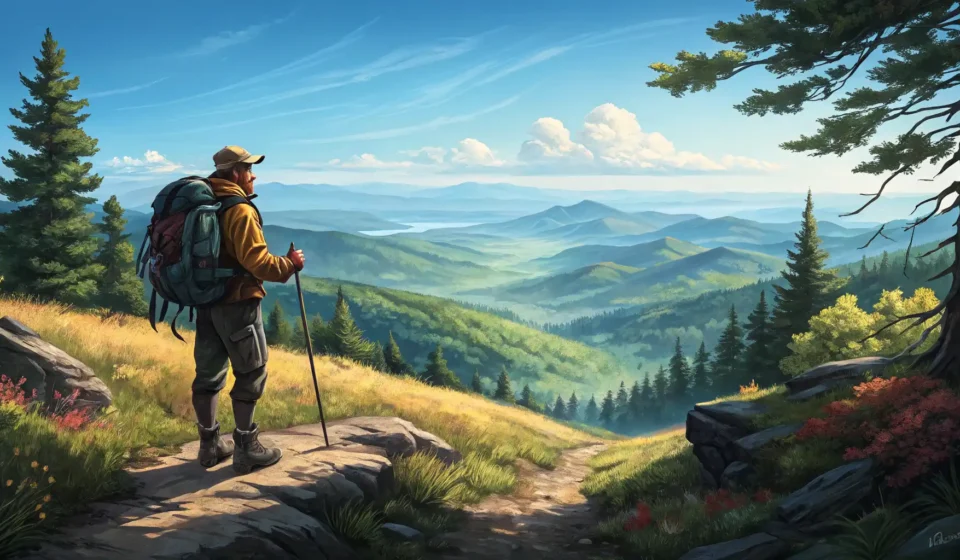 How to Ask About Trails with Valley Views in Korean Hiker enjoying a scenic view of a lush Korean mountain valley from a trail, symbolizing learning Kor...