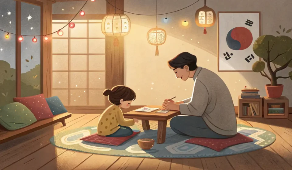 Negotiating Homework Routines with Children in Korean A Korean parent and child sitting at a table with notebooks, calmly discussing homework rules in a c...