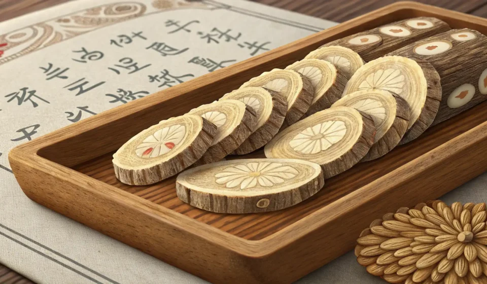 How to Say Hwanggi in Korean Dried slices of Hwanggi (Astragalus root) arranged in a traditional Korean ceramic bowl, representin...