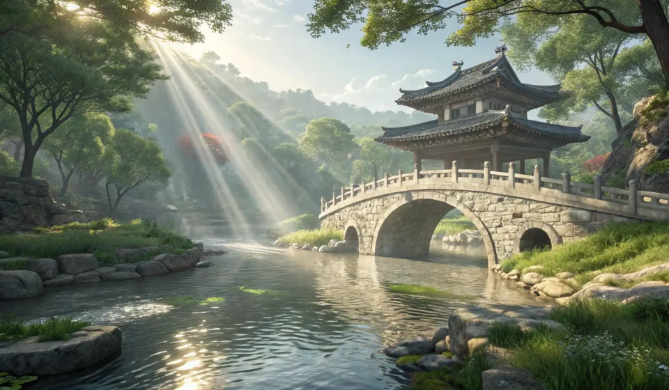Expressing Complex Imaginative Concepts in Korean: The Sentient River A tranquil Korean river scene with an old stone bridge and fish swimming freely in sunlit water, rep...