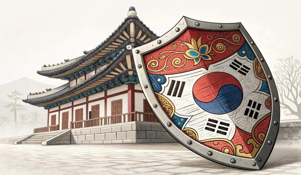 How to Say Immunotherapy in Korean Stylized shield with Korean traditional patterns glowing, representing immunity and protection for a...