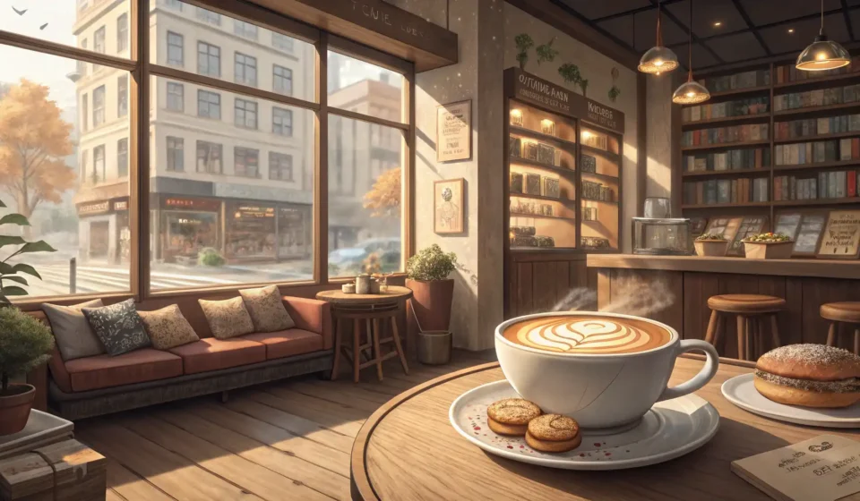 How to Recommend a Latte on a Snowy Day in Korean A warm latte rests on a table inside a cozy Korean cafe, with a view of snow falling heavily outside...