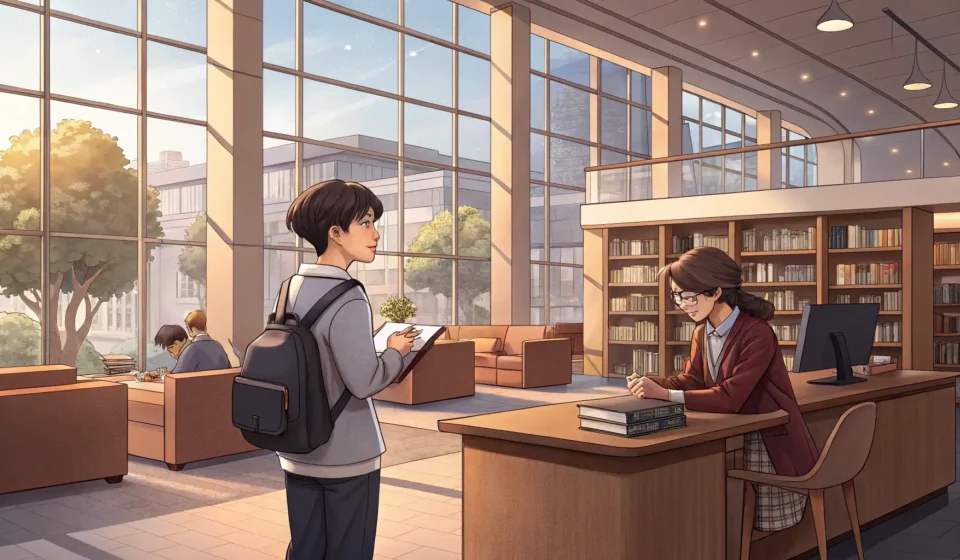 Asking a Librarian About a Rare Journal in Korean Student interacting with a librarian in a Korean library setting, symbolizing asking for help findin...