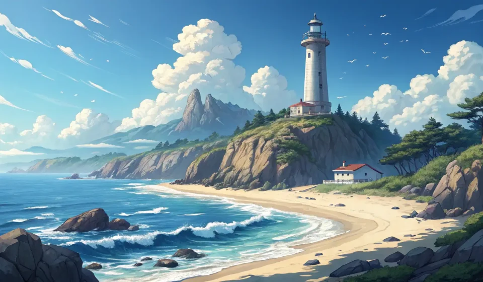 Asking About a Famous Lighthouse in Korean A picturesque Korean lighthouse on a sunny coastline, representing a travel landmark discussed in a...