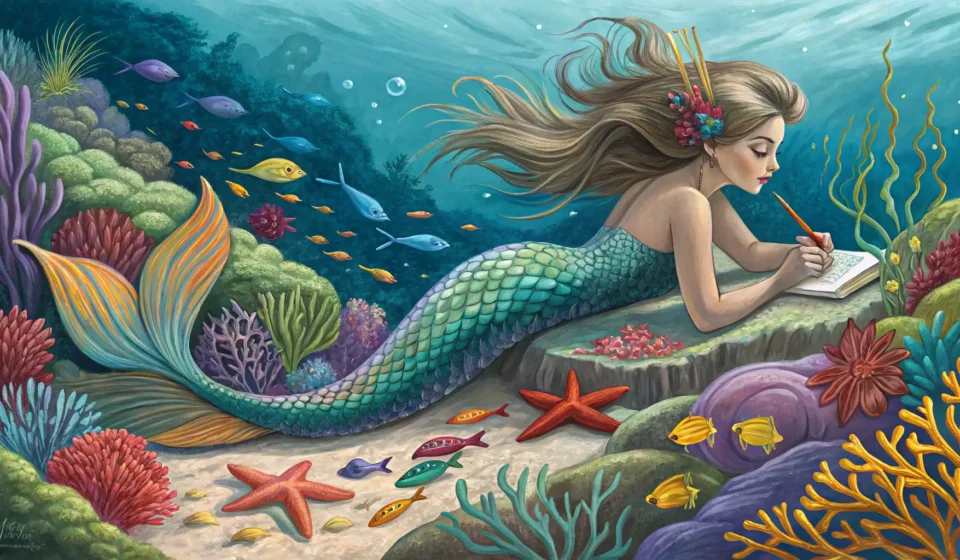 How to Say ‘A Mermaid Sculptor Negotiating with a Tide Pool for Living Coral Frames’ in Korean Illustration of a mermaid sculptor gesturing towards living coral in a sunlit tide pool, representin...