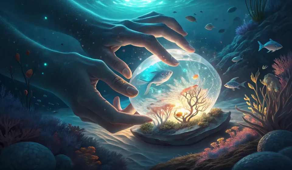 How to Say ‘A Mermaid Sculptor Convincing a Sea Glass to Shape with Tidal Glow’ in Korean Ethereal hands shape glowing sea glass underwater amidst bioluminescent light and Korean wave patter...