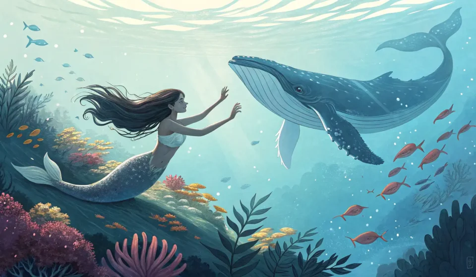 How to Describe a Mermaid Singing with a Whale in Korean A mermaid and a humpback whale interacting peacefully underwater near a coral reef, illustrating a K...