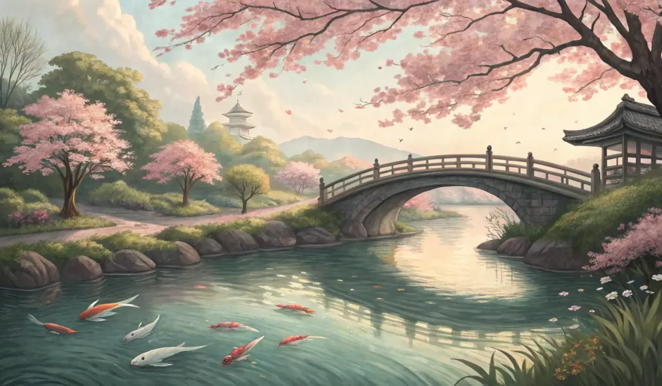 How to Express Complex Metaphors: The Sentient River in Korean A tranquil Korean scene showing a river flowing under a traditional bridge, with stylized fish visib...