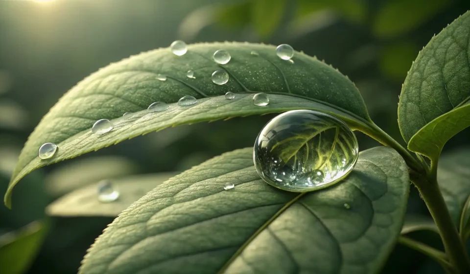How to Say Moisturizing in Korean A close-up image symbolizing hydration features a single water droplet on a green leaf, representing...