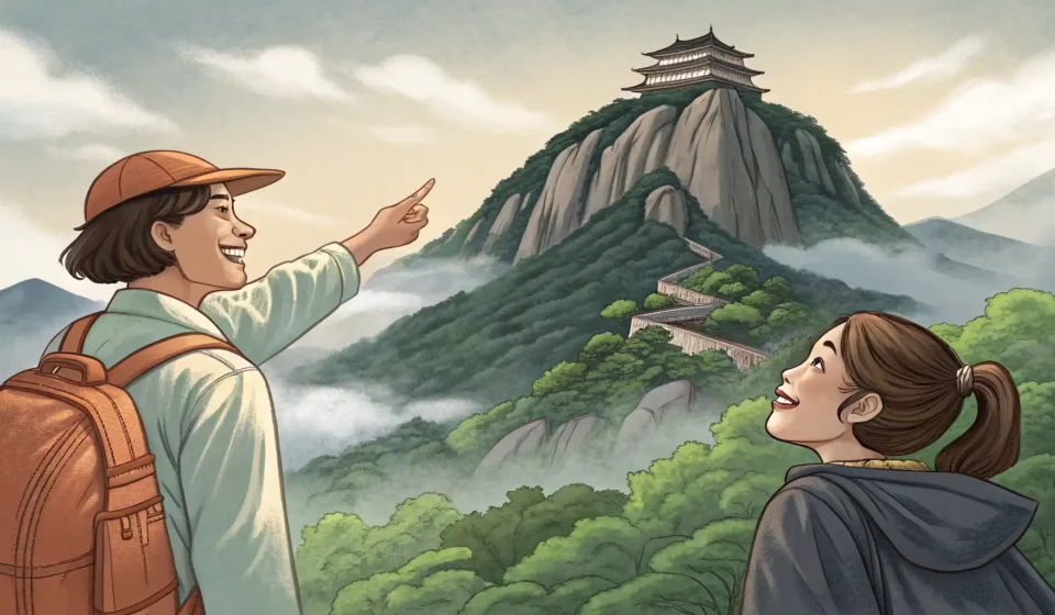 Asking About a Mountain’s Climbing History in Korean A tourist asking a guide about a scenic Korean mountain, representing learning Korean phrases for di...