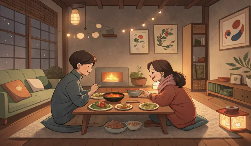 Planning a Movie Night at Home in Korean Illustration of a young couple eating Korean dinner at home while looking at a laptop, planning a mo...