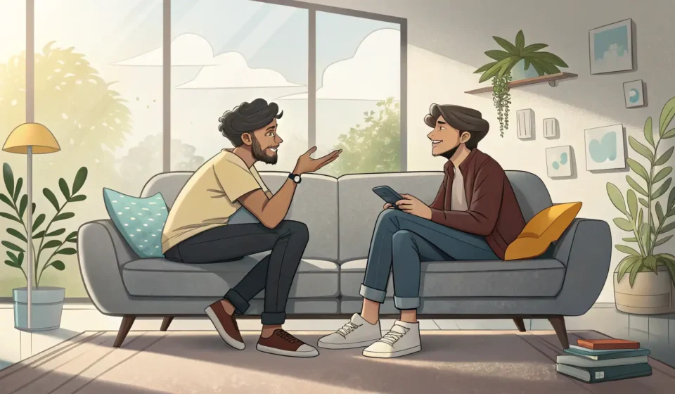 Discussing Movie Plots in Korean Two friends chatting enthusiastically on a couch, with an abstract movie scene on a screen behind th...