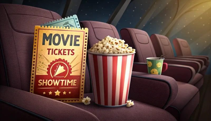 Booking Movie Tickets in Korean Illustration of movie tickets and popcorn in a cinema setting, symbolizing how to book movie tickets...