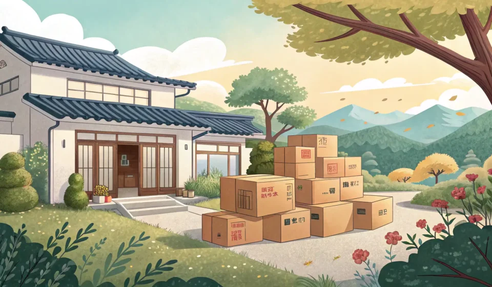 How to Say Moving House in Korean Illustration of cardboard moving boxes and a small truck outside a Korean apartment building, symbol...