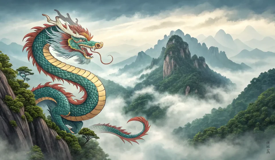 Listening to Korean Myths A traditional Korean ink wash style painting depicting a mythical Korean dragon flying through cloud...