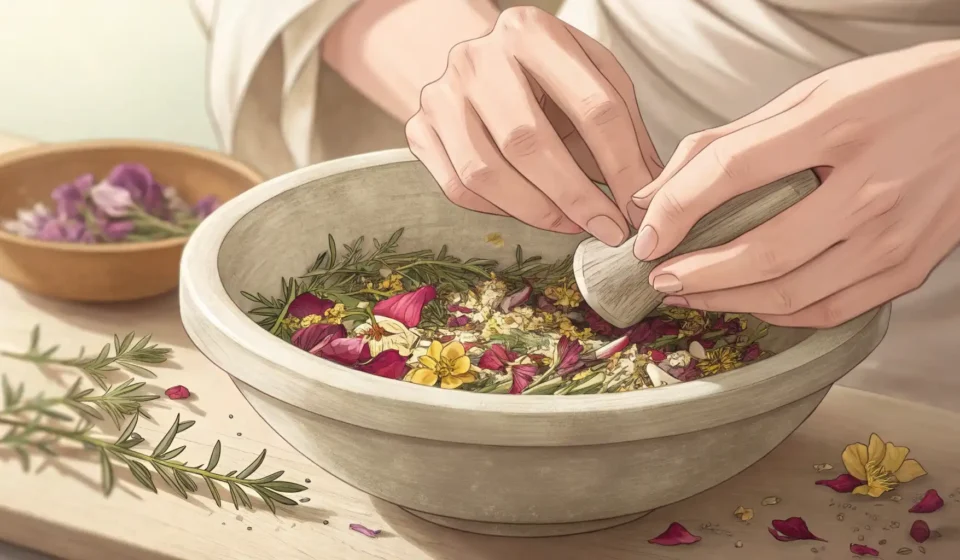 Learning to Make Natural Cosmetics in Korean Hands mixing natural ingredients like flower petals in a ceramic bowl, with small glass bottles near...