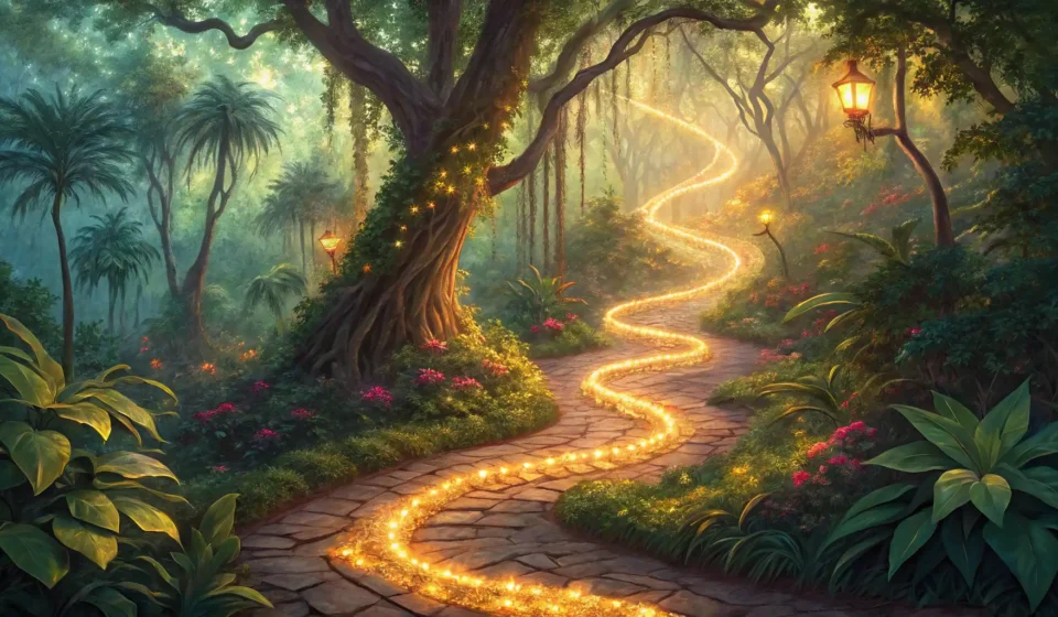 How to Roleplay a Cyborg Convincing a Jungle Spirit in Korean Stylized image of a glowing vine path in a mystical jungle, blending nature and subtle technology, r...