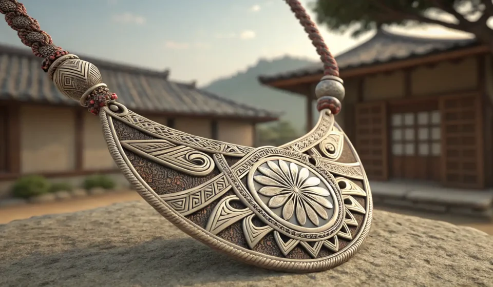 How to Ask About a Handmade Necklace’s Story in Korean Hands interacting near a beautiful handmade Korean necklace with a traditional knot design, symboliz...