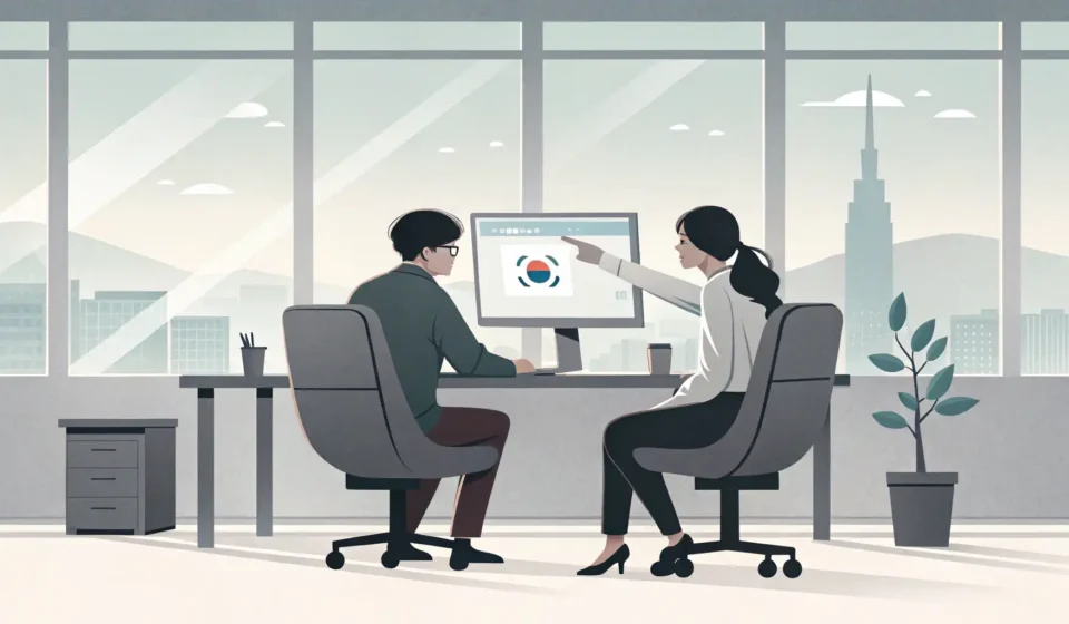 Explaining Network Issues in Korean (Office Setting) Two colleagues in a quiet Korean office discussing a network issue shown via an error icon on a lapt...