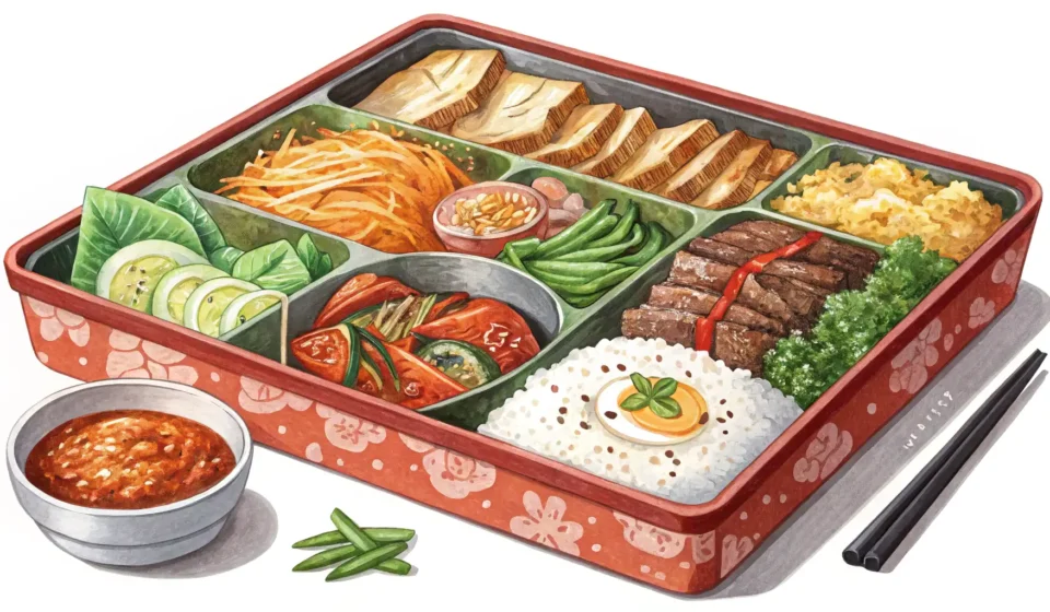How to Order a Packed Lunch (Dosirak) in Korean A close-up top view of a delicious and colorful Korean dosirak packed lunch box, illustrating the to...