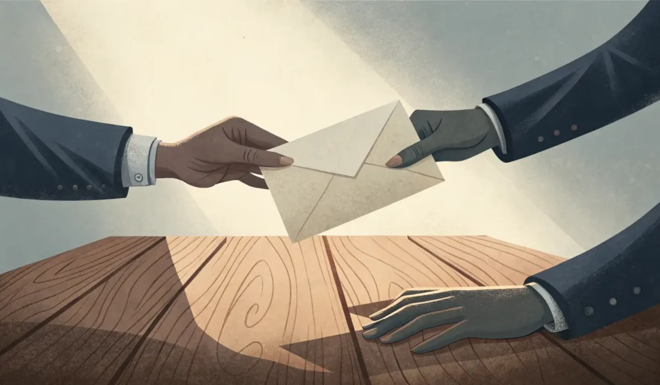 How to Say Overseas Bribery in Korean Stylized illustration symbolizing international dealings and legal issues related to Korea, represen...