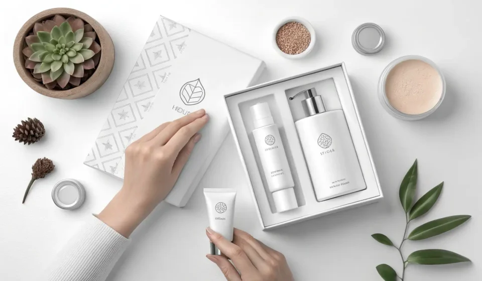 How to Say Packaging Design in Korean Hands arranging stylish Korean product packaging mock-ups, symbolizing the concept of packaging desi...