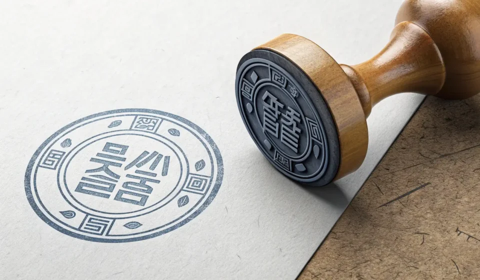 How to Say Permit or License in Korean A traditional Korean dojang stamp pressing onto an official document, symbolizing the process of get...