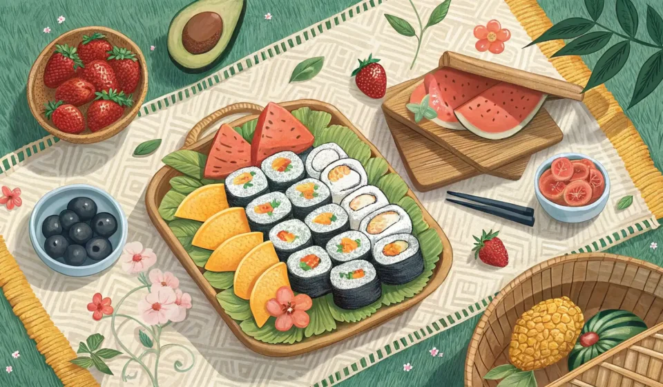 Planning a Picnic by the Lake in Korean A colorful Korean picnic spread featuring kimbap and fruit on a mat beside a calm lake, illustrating...