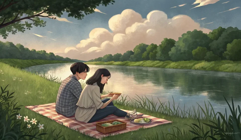 How to Talk About Planning a Fishing Trip by the River in Korean A Korean couple enjoys a picnic lunch with gimbap by a river, planning a fishing trip with fishing r...