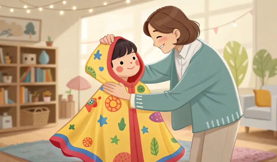 How to Convince Your Child to Wear a Poncho in Korean A Korean parent offers a poncho to a hesitant child during a rainy hike on a Korean mountain trail.
