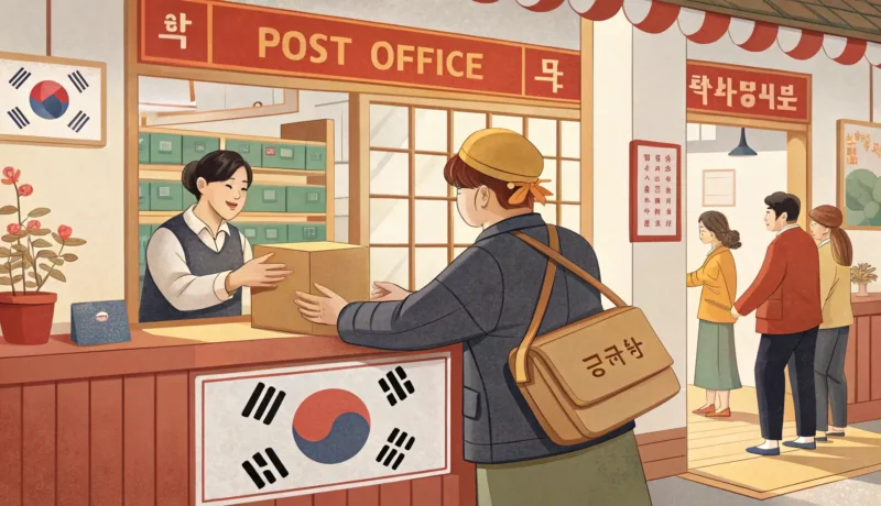 Sending a Parcel at the Korean Post Office Illustration showing a person mailing a package at a Korean post office counter, representing the pr...