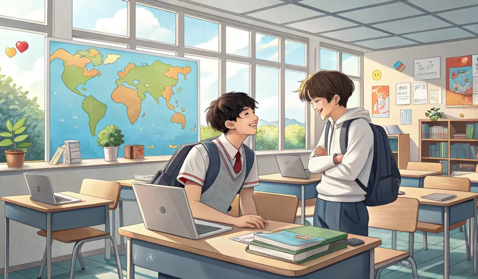 How to Ask for Presentation Advice in Korean Two Korean students in a classroom, one asking the other for advice on a presentation displayed on a...