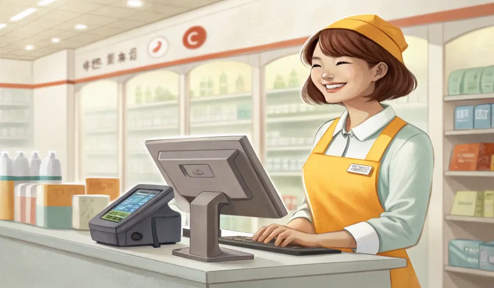 Asking About Price Match Policy in Korean Friendly Korean cashier at a checkout counter, with a shopper's hand holding a phone, symbolizing a...