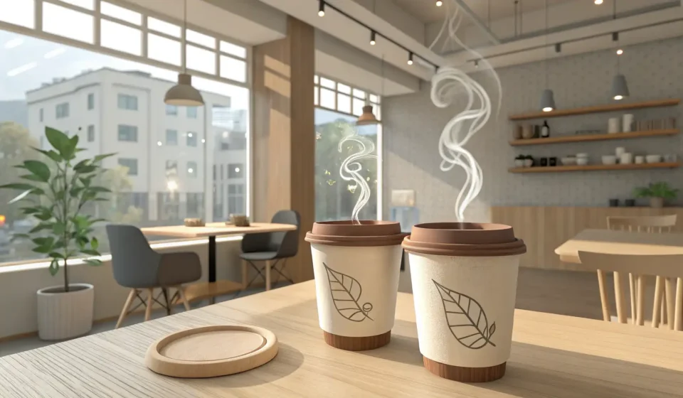 Explaining Project Changes to a Colleague in Korean Two coffee cups on a table in a modern Korean cafe, symbolizing a discussion about project changes b...