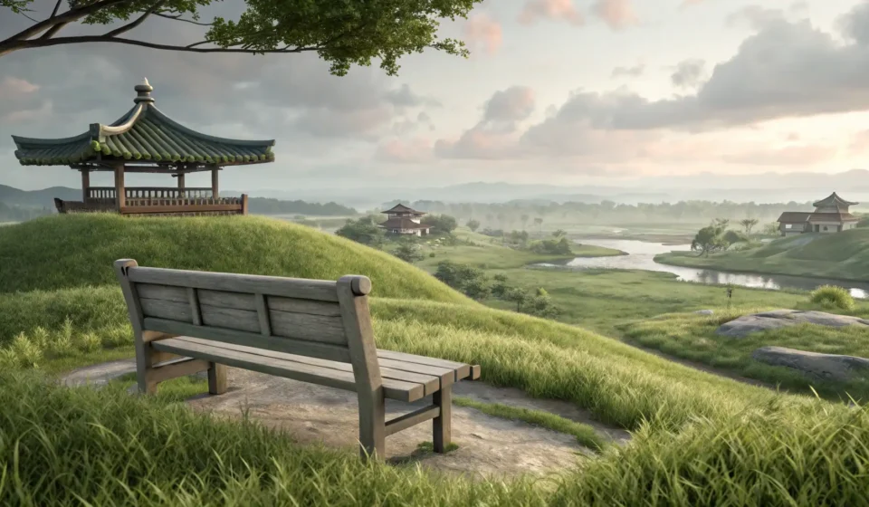 Finding a Quiet Bench to Watch the Waves in Korean An empty wooden bench facing a calm Korean beach with gentle waves, representing finding a quiet pla...