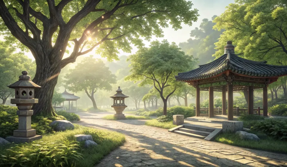 Finding a Quiet Park in Korea Illustration of a tranquil Korean park with trees, a stone path, and a bench, symbolizing finding a...