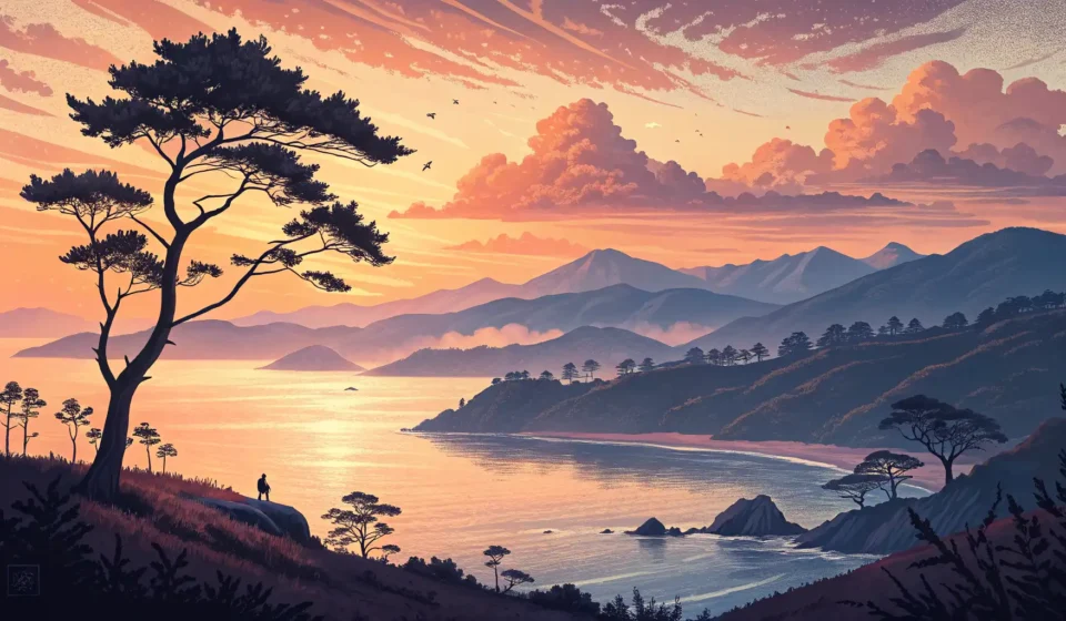 Finding a Quiet Sunset Spot in Korea A beautiful Korean sunset viewed from a quiet, scenic spot, representing the topic of asking for pea...