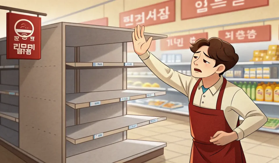 How to Ask for a Raincheck in Korean Shopper asking a Korean store clerk about an empty shelf marked with a sale tag, representing asking...