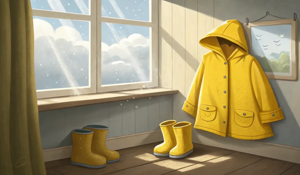 How to Convince Your Child to Wear a Raincoat in Korean Illustration of a child's yellow raincoat and boots by a window showing a rainy day in a Korean neig...