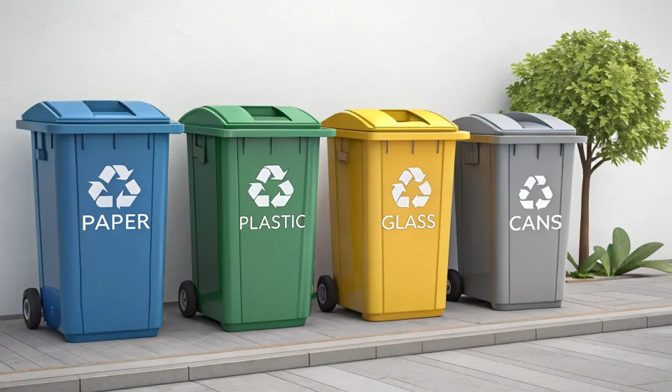 Learning How to Sort Recycling in Korean Illustration of neatly organized recycling bins for different materials (plastic, paper, glass, cans...