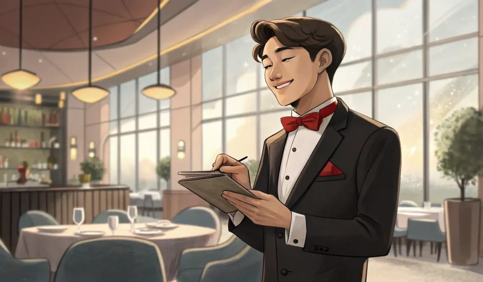 Handling ‘No Tomatoes’ Requests in Korean Restaurants Illustration of a smiling Korean waiter holding a notepad, representing communication and handling c...