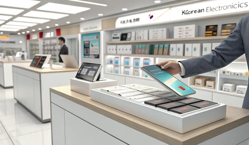 How to Return Electronics in Korean A hand placing a boxed electronic product and a Korean receipt on a store counter, symbolizing the p...