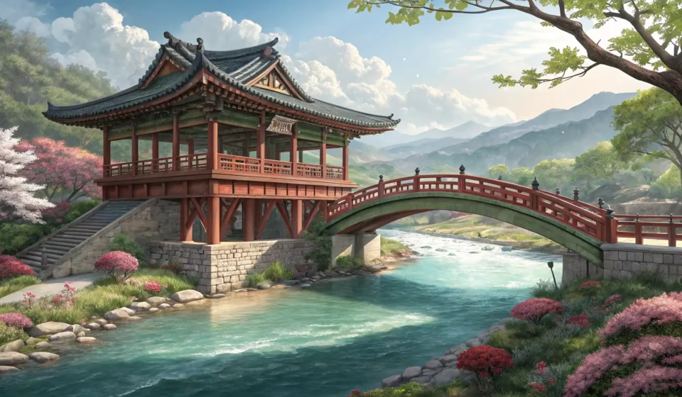 How to Express a Sentient River Convincing a Bridge Guard About Fish Freedom in Korean Illustration of fish swimming freely under a traditional Korean bridge over a river, symbolizing a K...